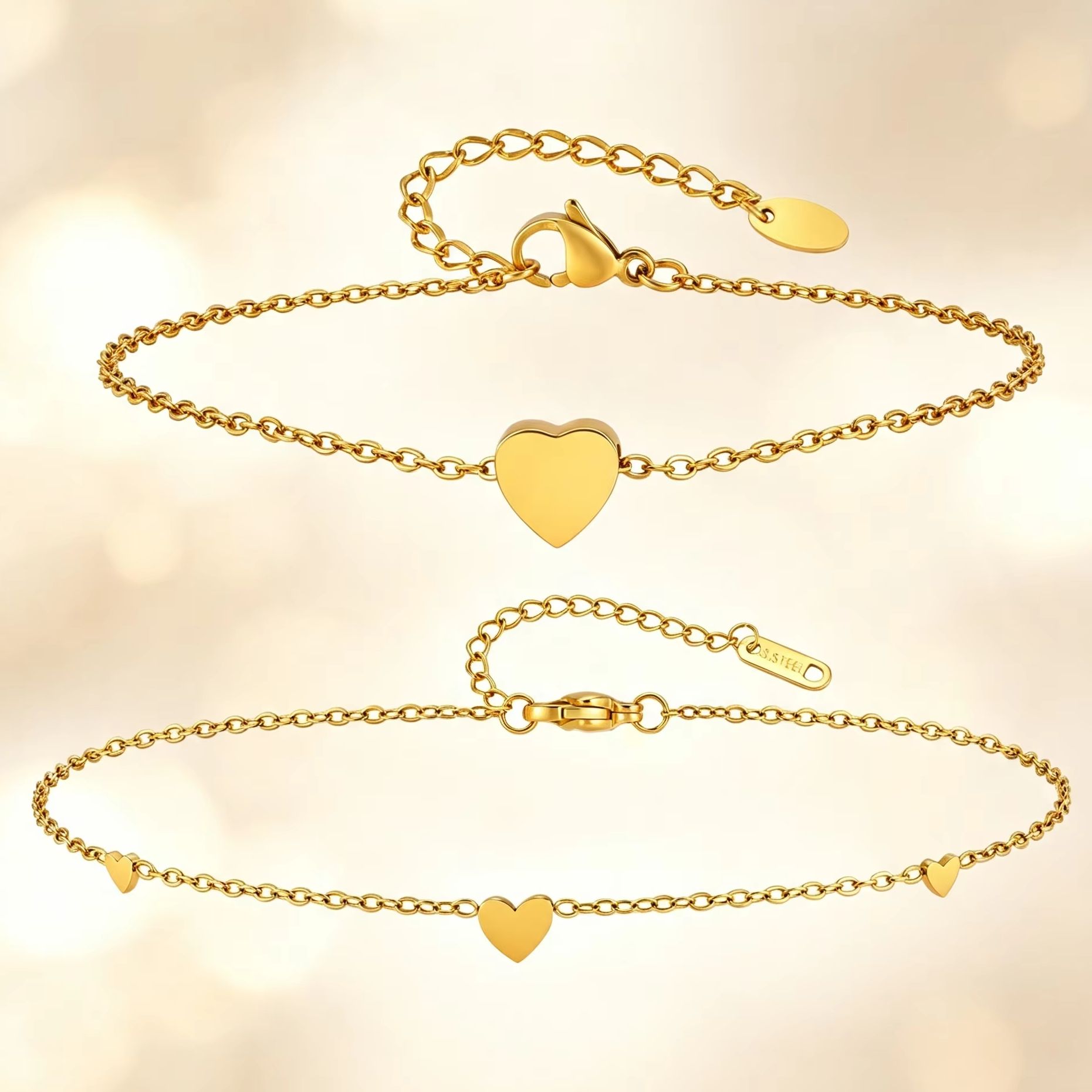 Jc Jewelry & Watches Photos - 2-delige set hartjes enkelbandjes, verguld, mini